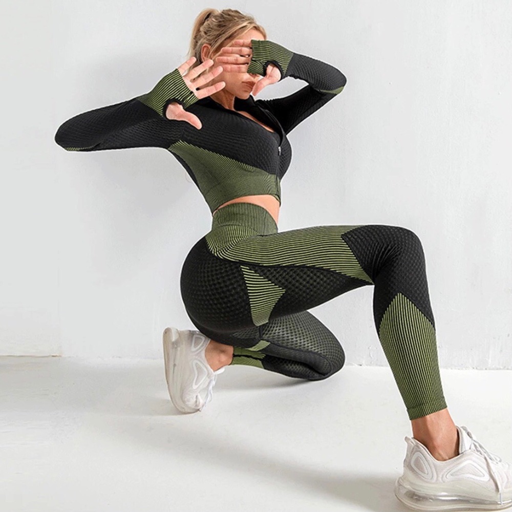 Seamless High-Waist Leggings in Olive Green & Black